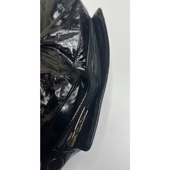 Vintage Eel Skin Leather Satchel Glossy Black Zip Top Adjustable Strap Bag 80s - Picture 4 of 6